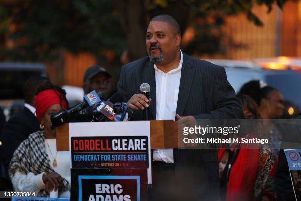 District attorney candidate Alvin Bragg speaks during a Get Out the Vote rally at A. Philip Randolph Square in Harlem on November 01, 2021 in New...