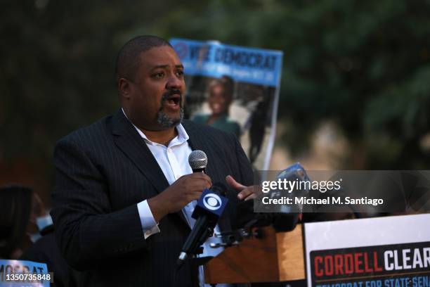 District attorney candidate Alvin Bragg speaks during a Get Out the Vote rally at A. Philip Randolph Square in Harlem on November 01, 2021 in New...