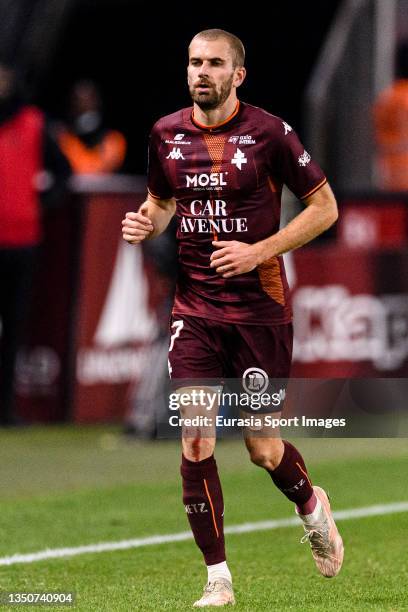 Thomas Delaine of FC Metz runs in the field during the Ligue 1 Uber Eats match between Metz and Saint-Etienne at Stade Saint-Symphorien on October...