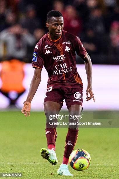 Pape Matar Sarr of FC Metz passes the ball during the Ligue 1 Uber Eats match between Metz and Saint-Etienne at Stade Saint-Symphorien on October 30,...