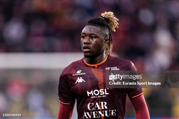 Kévin N'Doram of FC Metz walks in the field during the Ligue 1 Uber Eats match between Metz and Saint-Etienne at Stade Saint-Symphorien on October...