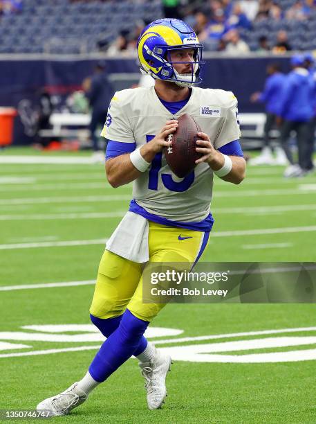 John Wolford of the Los Angeles Rams warms up prior to a game against the Houston Texans at NRG Stadium on October 31, 2021 in Houston, Texas.