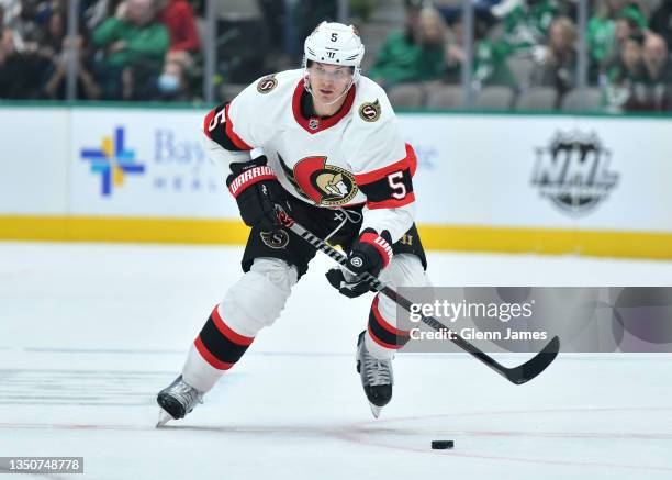 Nick Holden of the Ottawa Senators handles the puck against the Dallas Stars at the American Airlines Center on October 29, 2021 in Dallas, Texas.