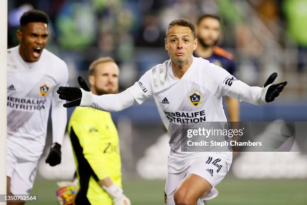 Javier Hernandez of Los Angeles FC celebrates his goal during the first half against the Seattle Sounders at Lumen Field on November 01, 2021 in...