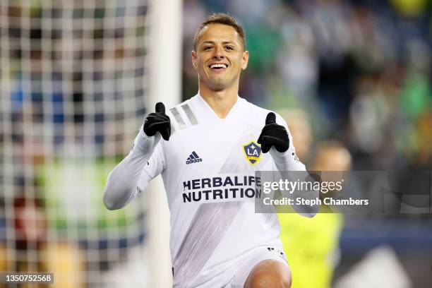 Javier Hernandez of Los Angeles FC celebrates his goal during the first half against the Seattle Sounders at Lumen Field on November 01, 2021 in...