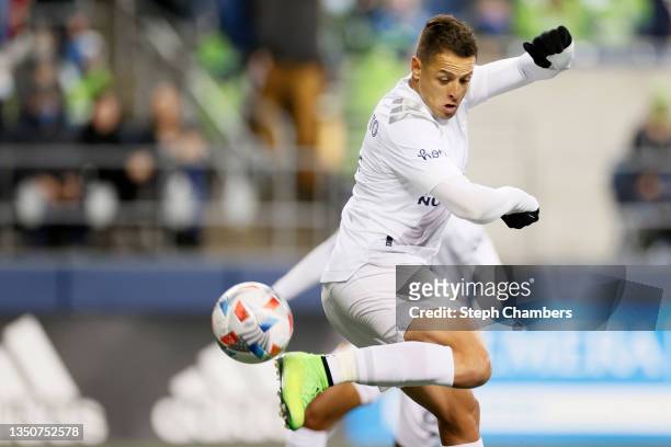 Javier Hernandez of Los Angeles FC scores a goal during the first half against the Seattle Sounders at Lumen Field on November 01, 2021 in Seattle,...