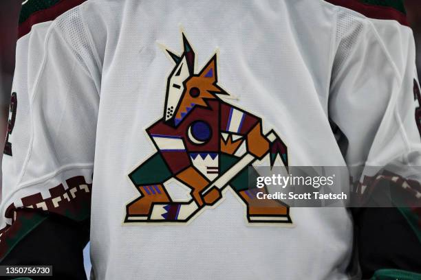 Detailed view of the Arizona Coyotes logo on the jersey worn by Johan Larsson of the Arizona Coyotes during the third period of the game against the...