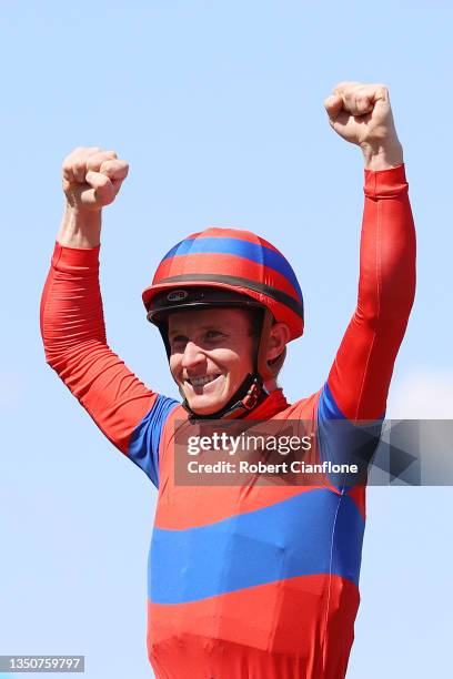 James Mcdonald riding Verry Elleegant celebrates after winning race 7, the Lexus Melbourne Cup during 2021 Melbourne Cup Day at Flemington Racecourse...