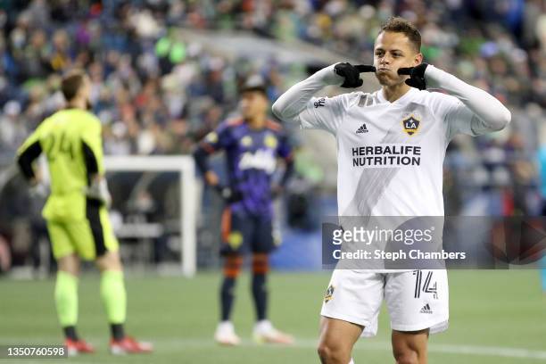 Javier Hernandez of Los Angeles FC celebrates his goal during the first half against the Seattle Sounders at Lumen Field on November 01, 2021 in...