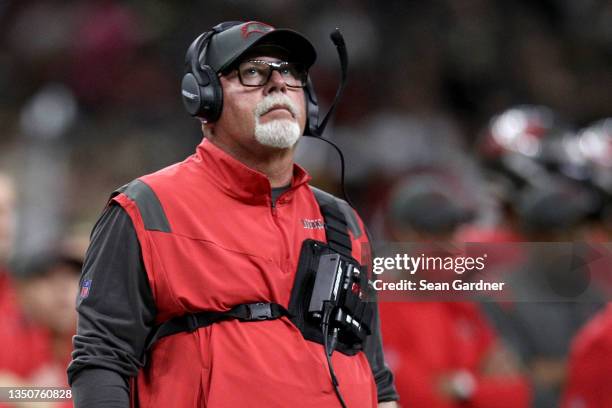 Head coach Bruce Arians of the Tampa Bay Buccaneers looks on during a NFL game against the New Orleans Saints at Caesars Superdome on October 31,...