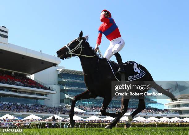 James Mcdonald riding Verry Elleegant celebrates winning race 7, the Lexus Melbourne Cup during 2021 Melbourne Cup Day at Flemington Racecourse on...