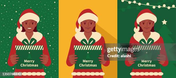 smiling beautiful teenage girls dressed in a santa claus suit holding a christmas present with three backgrounds - ethnic woman at christmas stock illustrations