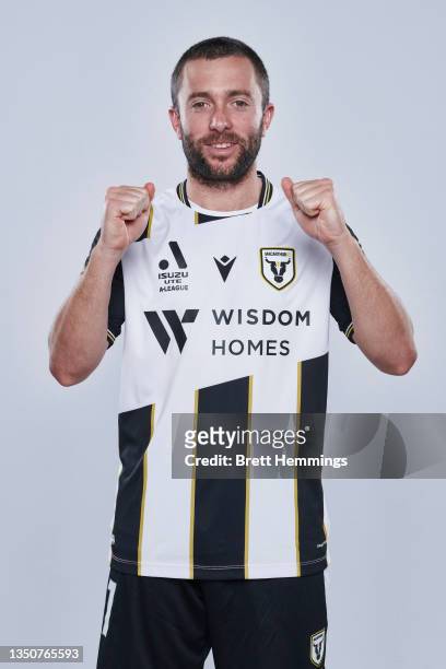 Tommy Oar poses during the Macarthur FC A-League team headshots session at Fairfield Showground on November 01, 2021 in Sydney, Australia.