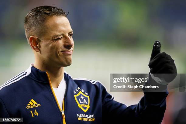 Javier Hernandez of Los Angeles FC winks toward fans after tying Seattle Sounders 1-1 at Lumen Field on November 01, 2021 in Seattle, Washington.