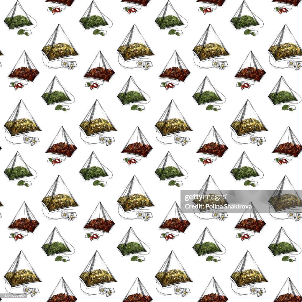 Seamless pattern with mint, chamomile and rosehip tea.
