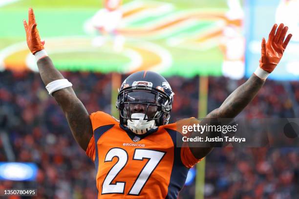 Nate Hairston of the Denver Broncos reacts to a incomplete pass in the fourth quarter of the game against the Washington Football Team at Empower...