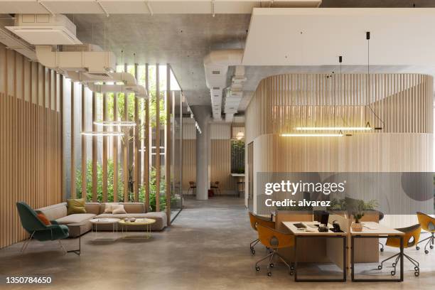 interno di ufficio open space in 3d - moderno foto e immagini stock