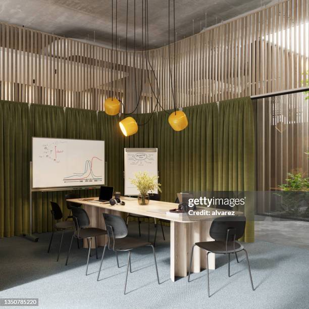 3d render of modern meeting room interior - hanging lamp stock pictures, royalty-free photos & images