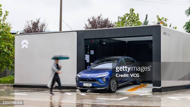 Nio Inc. EC6 electric sport utility vehicle is seen at a NIO battery swap station on September 18, 2021 in Xi an, Shaanxi Province of China.