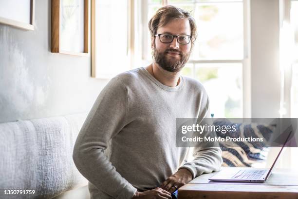 portrait of man at home with laptop - einzelner mann über 30 stock-fotos und bilder