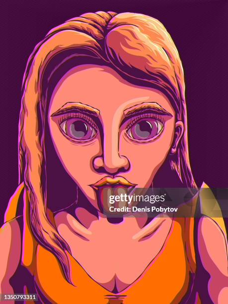 hand-drawn portrait illustration - woman with tongue hanging out. - woman selfie portrait stock illustrations