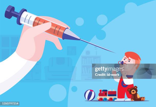 toddler defending while having vaccination - defending stock illustrations