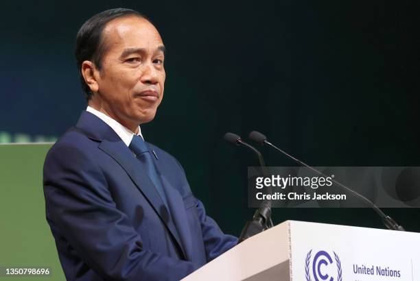 President of Indonesia Joko Widodo speaks during an Action on Forests and Land Use event on day three of COP26 on November 02, 2021 in Glasgow,...