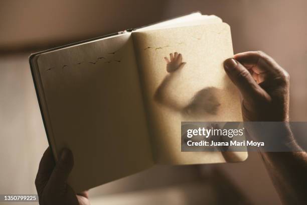 book against the light, in the pages you can see how there is someone real inside - literature imagens e fotografias de stock