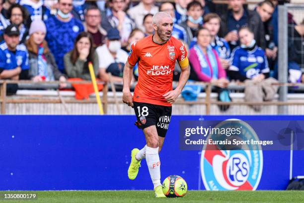 Fabien Lemoine of FC Lorient in action during the Ligue 1 Uber Eats match between RC Strasbourg and FC Lorient at Stade de la Meinau on October 31,...