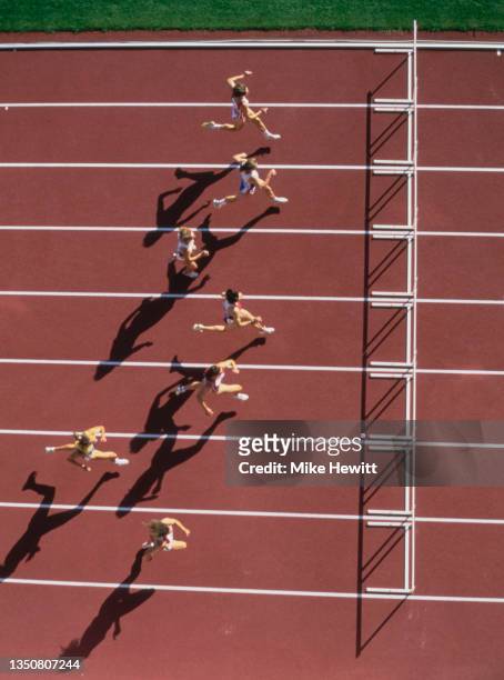 Competitors running during the100 metres hurdles event of the Women's Heptathlon competition at the 16th European Athletics Championships on 8th...