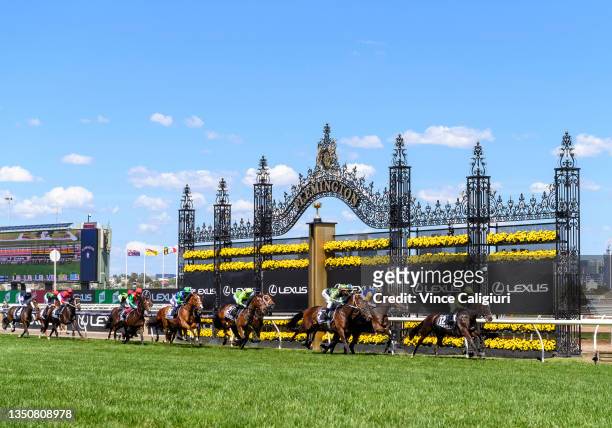 Persan leads the field to the first turn in Race 7, the Lexus Melbourne Cup, during 2021 Melbourne Cup Day at Flemington Racecourse on November 02,...