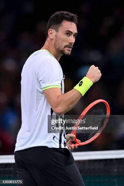 Gianluca Mager of Italy celebrates winning the first set during his singles match against Felix Auger-Aliassime of Canada during day two of the Rolex...