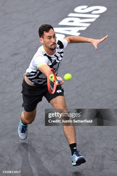 Gianluca Mager of Italy plays a forehand during his singles match against Felix Auger-Aliassime of Canada during day two of the Rolex Paris Masters...