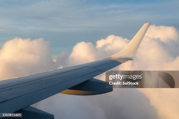 flying in the clouds - aircraft wing stock pictures, royalty-free photos & images