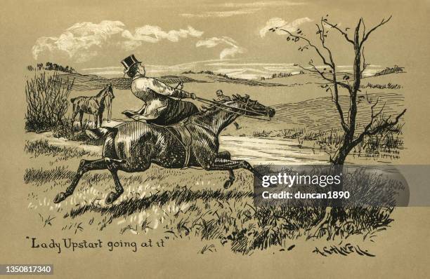woman riding side saddle an out of control horse towards a river, victorian - reins stock illustrations