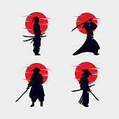 Set of samurai logo silhouette design