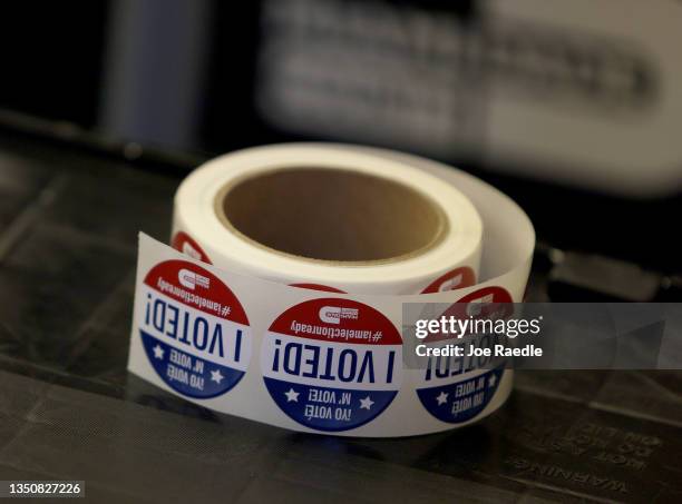 Roll of 'I voted' stickers are seen at a polling station on November 02, 2021 in Miami, Florida. Voters are casting their ballots on Election Day for...