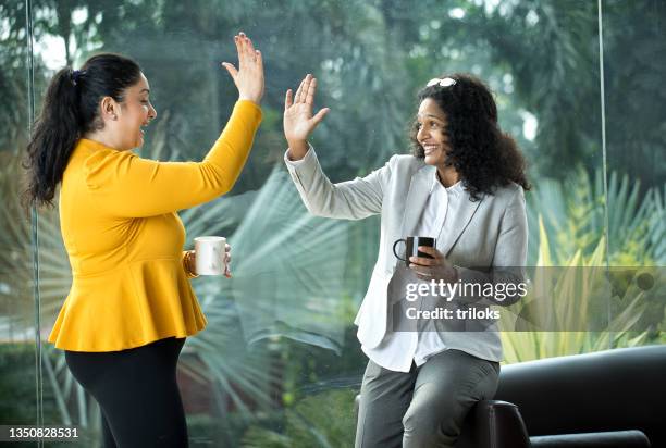 two successful businesswomen giving high five at office - congratulating stockfoto's en -beelden