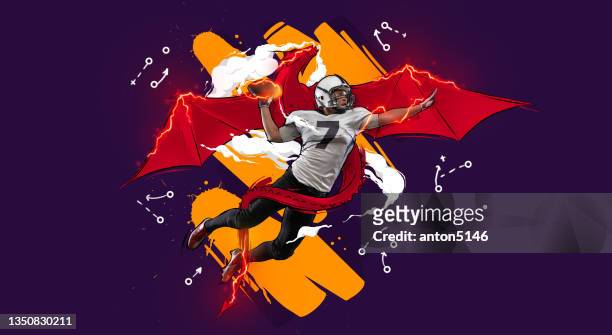 kunstwerk. junger mann, american football spieler in aktion, bewegung isoliert in dunklem neonlicht mit rotem drachenbild im hintergrund. - poster sport stock-fotos und bilder