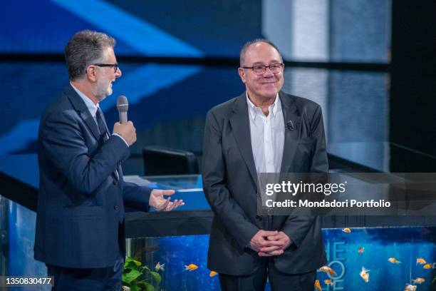 Italian TV host Fabio Fazio and the Italian actor Carlo Verdone during the tv broadcast Che Tempo Che Fa. Milan , October 31st, 2021