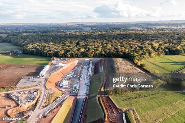 An aerial view shows the HS2 site at Long Itchington Wood towards Birmingham on October 25,2021 in Leamington Spa, England.