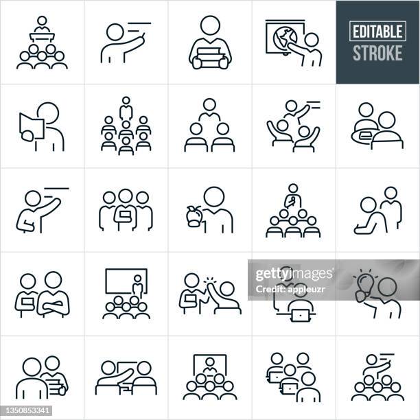 stockillustraties, clipart, cartoons en iconen met teachers and professors thin line icons - editable stroke - students talking