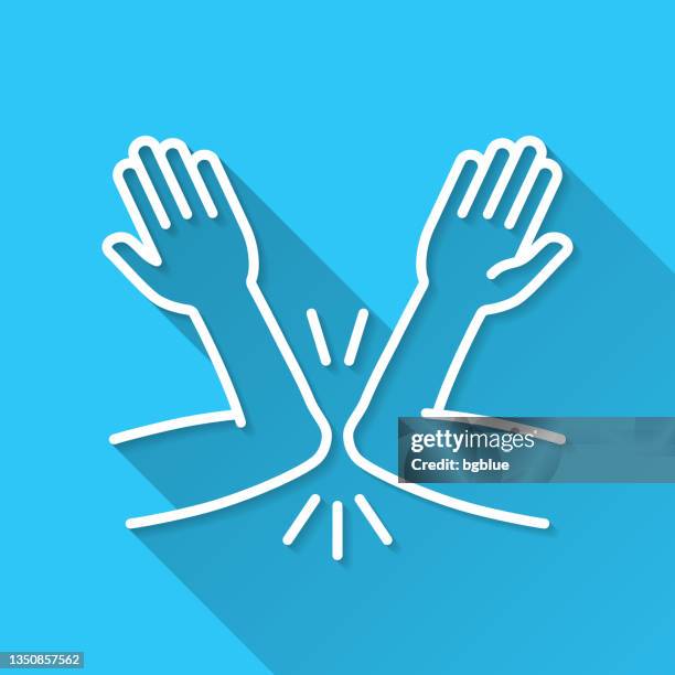 greeting with elbow bump. icon on blue background - flat design with long shadow - elbow bump stock illustrations