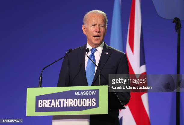 President Joe Biden speaks during the World Leaders' Summit "Accelerating Clean Technology Innovation and Deployment" session on day three of COP26...