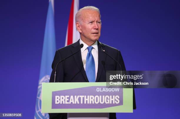 President Joe Biden speaks during the World Leaders' Summit "Accelerating Clean Technology Innovation and Deployment" session on day three of COP26...