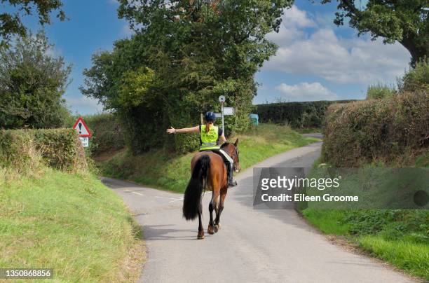 young woman and her bay horse enjoying hacking out in the english countryside, wearing brightly coloured safety gear to be seen by other road users and using hand signals to let other road users know which direction they are going to go at the crossroads. - horseback riding stock pictures, royalty-free photos & images