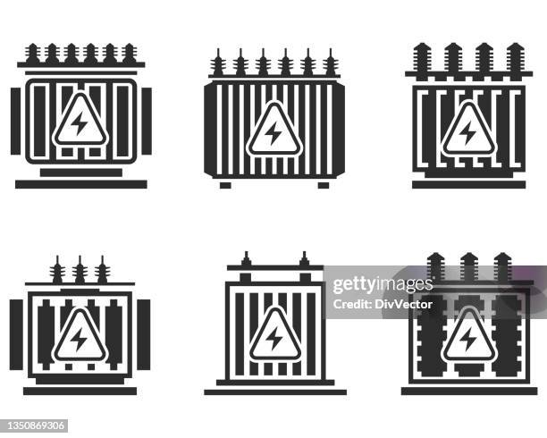 electric transformer icon set - energy distribution stock illustrations