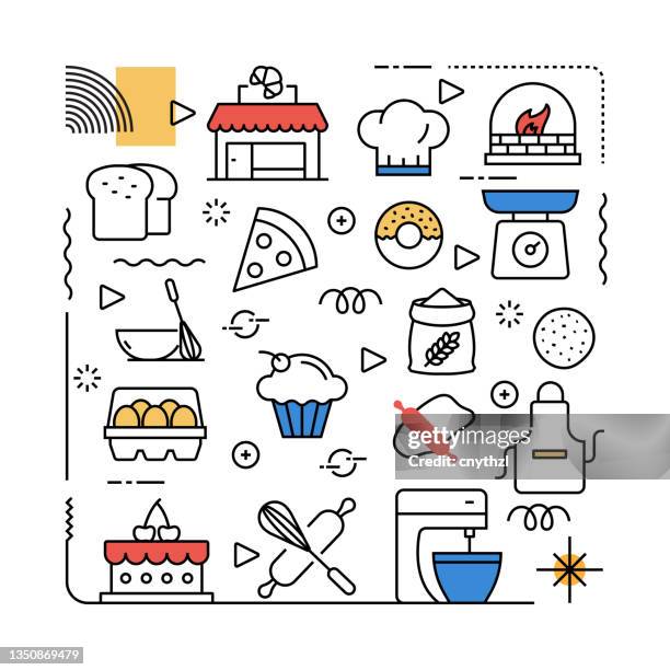 bakery related design element. pattern design with outline icons. colorful vector illustration - artisan bread stock illustrations