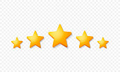 5 gold stars rating vector illustration isolated on transparent background. High quality stars with shadows for web or app