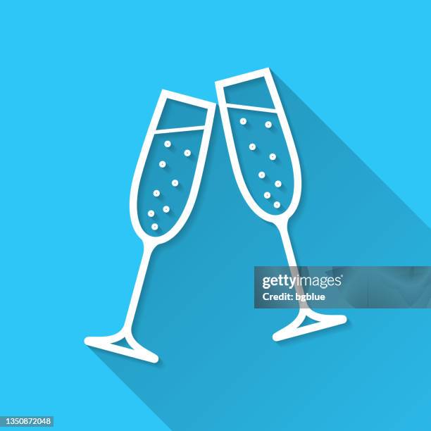 two glasses of champagne. icon on blue background - flat design with long shadow - champagne bubbles stock illustrations